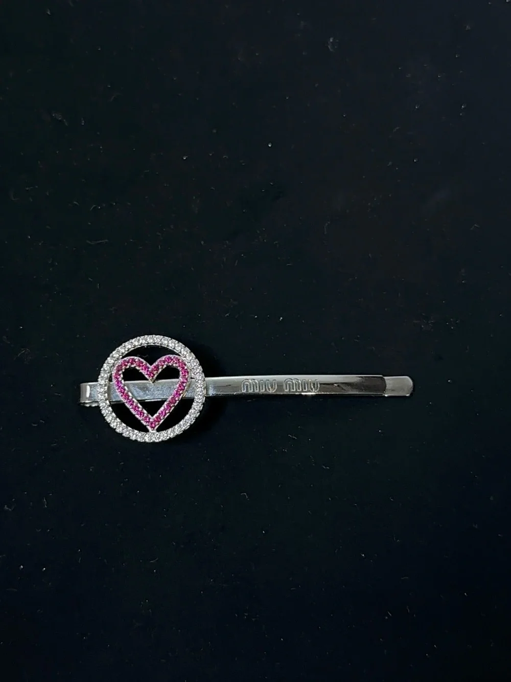 Miu Miu Silver-Tone Hair Clip with Pink Crystal Heart Accent